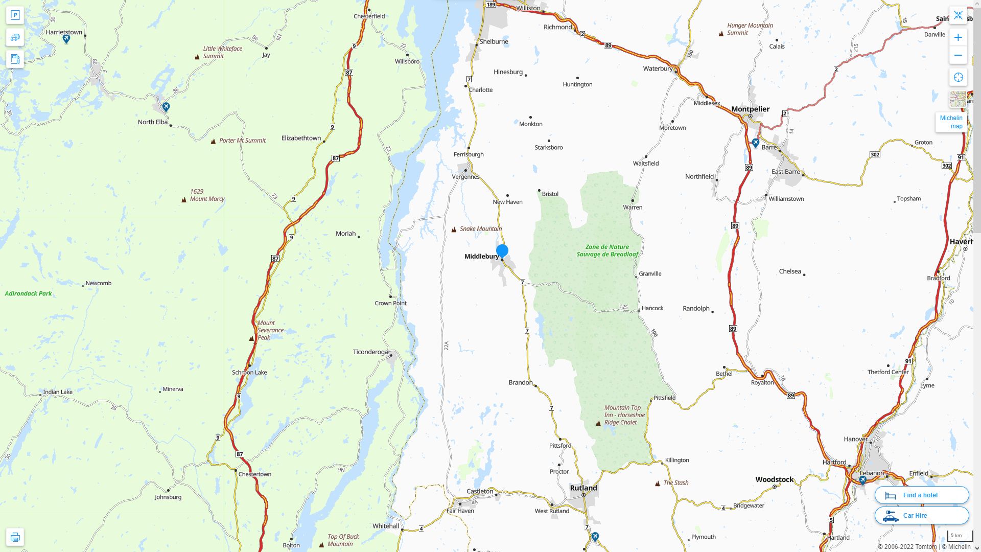 Middlebury Vermont Highway and Road Map